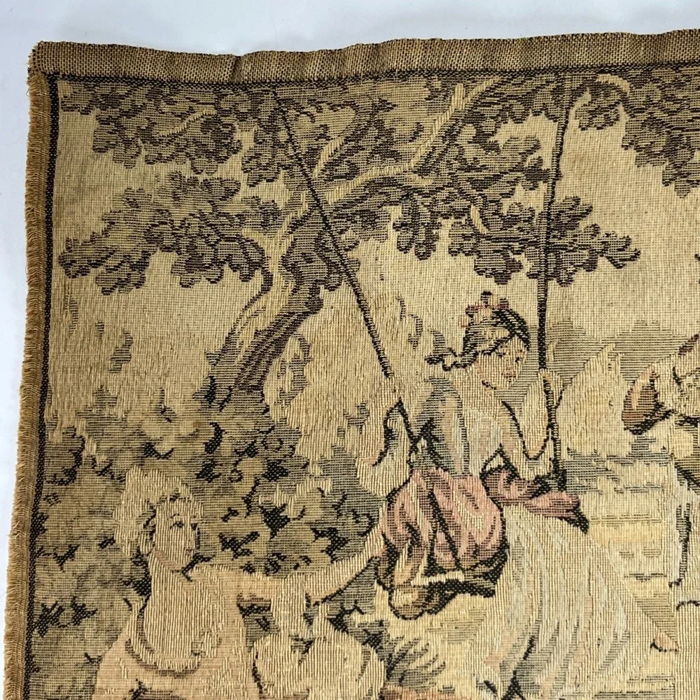 Antique French Tapestry Square Ladies Swing Man Textile Rococo Jacquard Victoria